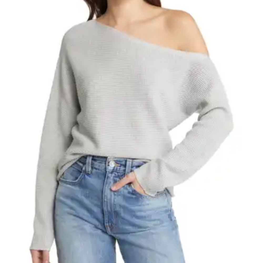 Treasure & Bond Light Blue Drift Asymmetrical Off Shoulder Ribbed Cotton… - Picture 4 of 14